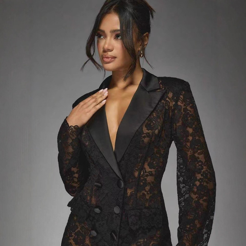 2025 Cross-Border French Lace Suit with Transparent Satin Lapel Women's Jacket Dress Sexy Hot Girl Suit