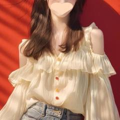 今年人気の女性用美しいシフォンシャツ25枚、秋のフリル付き高級ショルダーフレンチシャツ、ベビードールシャツトップス