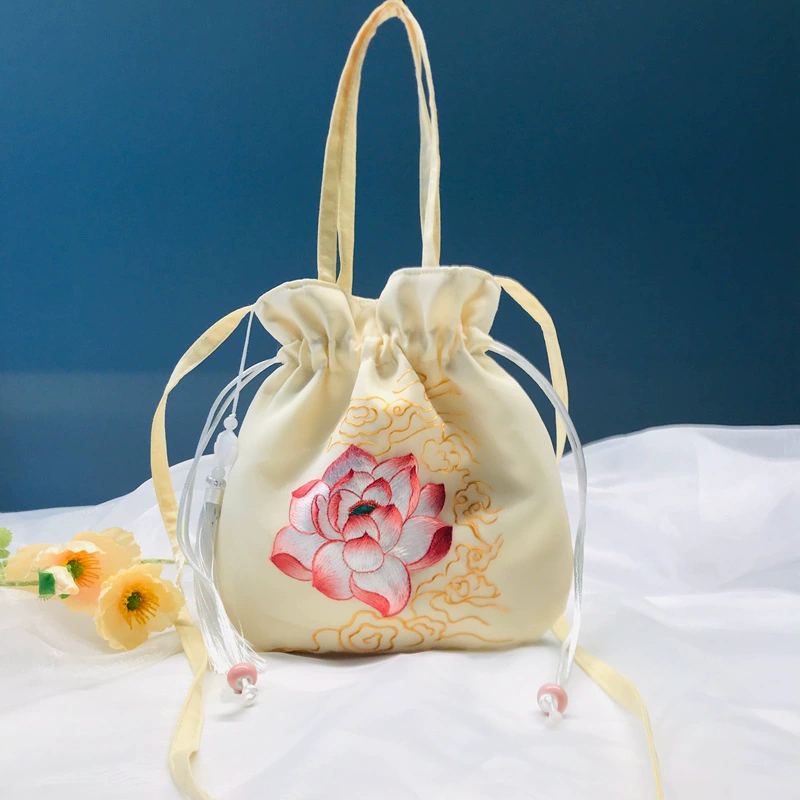 Handheld Hanfu Drawstring Bag, Embroidered Tassels, 22×22 cm, Handmade Accessory