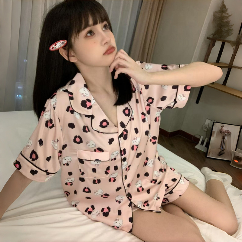 Cross-Border Ice and Snow Silk Pajamas for Women Summer Short-Sleeved Shorts Thin Spring and Autumn Simulated Silk Cartoon Cute Home Clothes