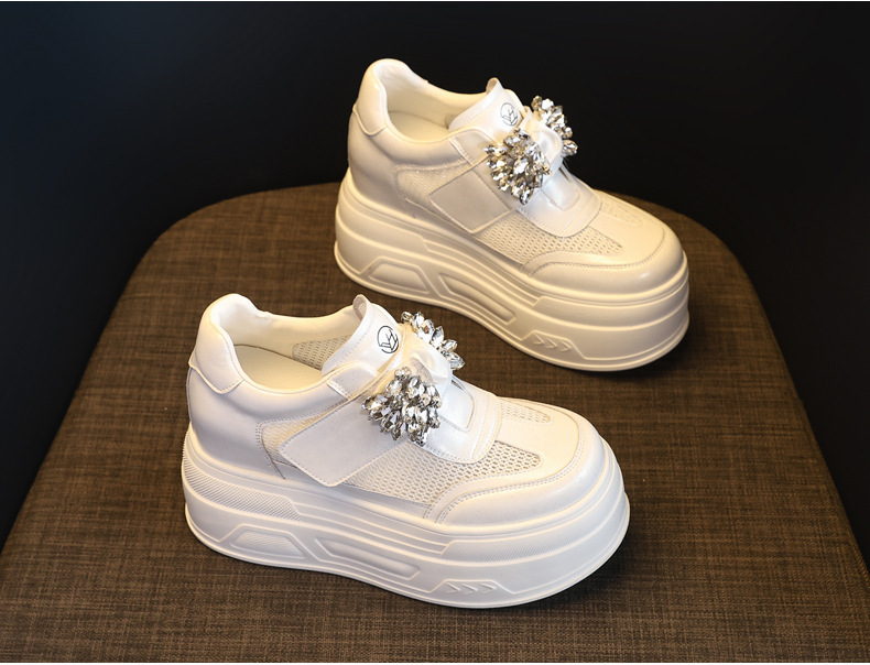Giày sneaker nữ đế dày tăng chiều cao, mặt lưới thoáng khí, đính đá rhinestone — màu trắng chi tiết 5