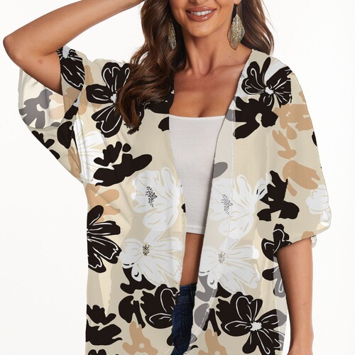 Women's Western-style sunshade wrap dress with floral chiffon top and kimono-style open jacket