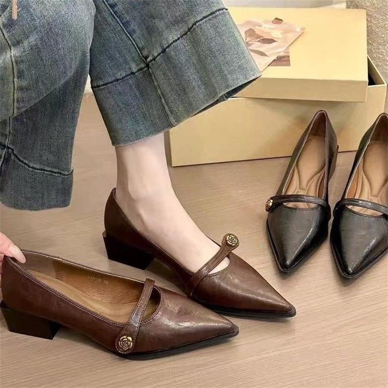 2026 retro superficial francesa tacones altos puntiagudos camelina hebilla de tacones gruesos temperamento universal zapatos de mujer