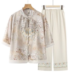 Mom's Summer Clothing 2024 New Style Shirt Suit Middle-Aged and Elderly Women's Summer New Chinoiserie National Style Mid-Sleeve Top