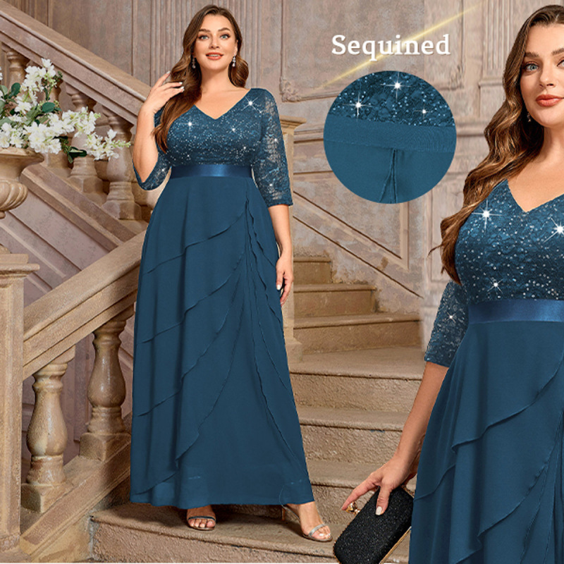 V-Neck Sequined Chiffon Long Evening Dress with Three-Quarter Sleeves, Waist-Cinching A-Line Skirt, Suitable for Banquets, Bridesmaids, and Hosting, Women's Toast Dress V-Neck Sequined Chiffon Long Evening Dress with Three-Quarter Sleeves, Waist-Cinching A-Line Skirt, Suitable for Banquets, Bridesmaids, and Hosting, Women's Toast Dress