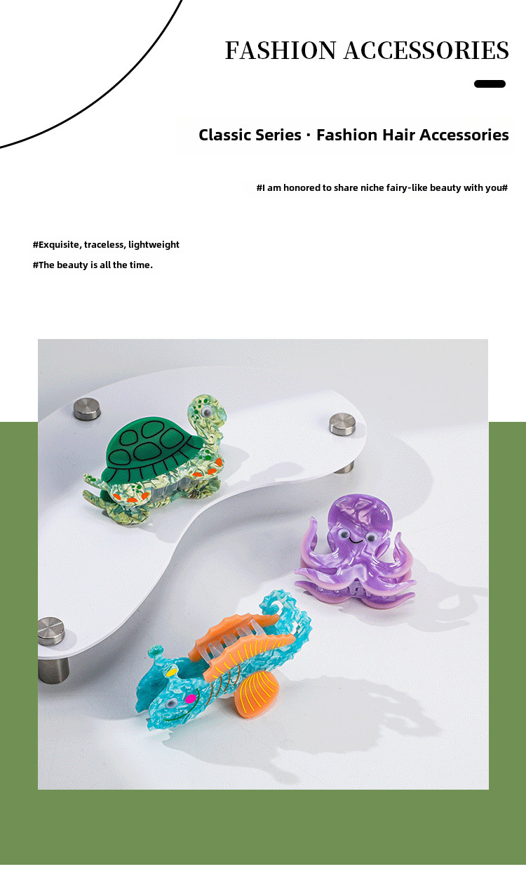 YHJ Haarschmuck Neue Essigsäureplatte Meerestier-Haarnadel Seepferdchen Schildkröte Greifklammer Haar Hai Clip Haarklaue_voghion.com