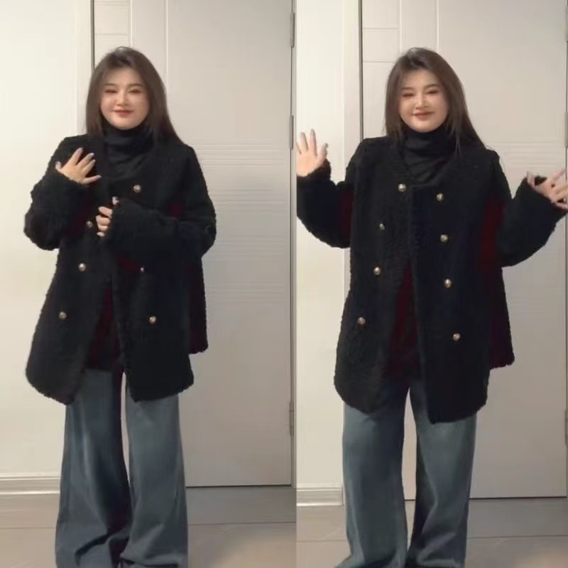통통녀 가을과 겨울 새로운 게으른 스타일 더블 브레스트 Lambswool 재킷 복고풍 디자인 감각 느슨한 슬리밍 마오 마오 코트