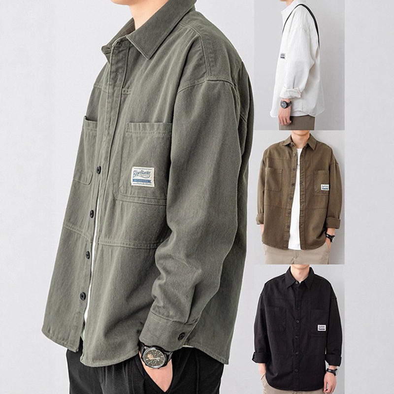 Lapel Jacket Men's Spring & Fall American Retro Loose Outer Wear Trendy Cardigan Top Casual Cotton Work Jacket