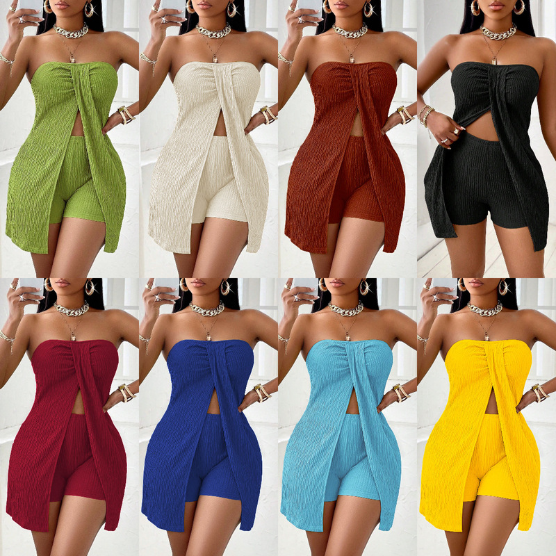 Real shot in stock shein cross-border independent station 1688 best selling European and American solid color strapless top shorts suit