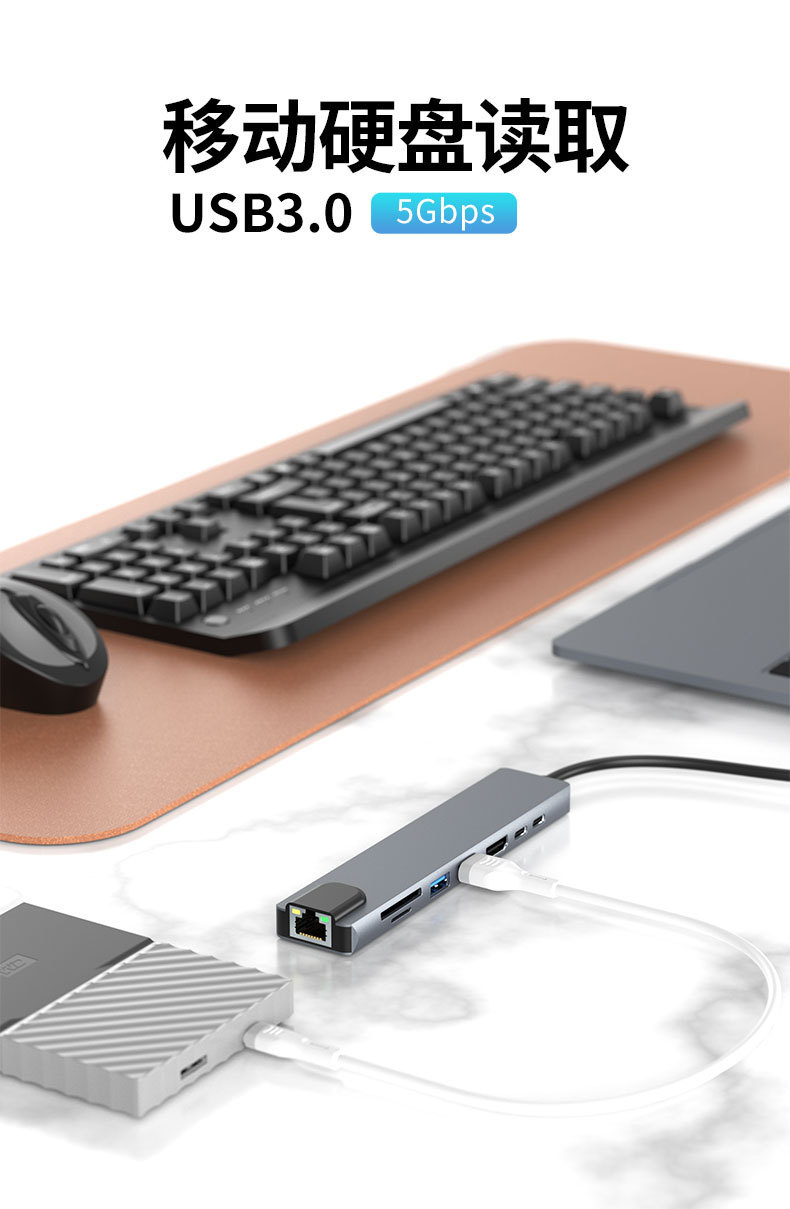 TypeC 8 in 1 Docking Station USB3.0 Hub HDMI Mirror RJ45 Gigabit Network Card TF/SD Card Reader