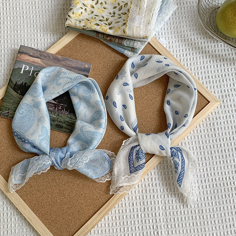 Bufanda de seda, bufanda cuadrada pequeña, sensación de alta calidad, nuevo pañuelo de encaje francés, diadema pastoral femenina de verano, cinta para el cabello atada