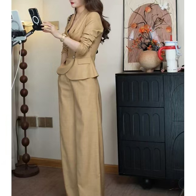 GraceChic Elegant Women's Outfit 2025 New Spring Fashion Wide-Leg Pants Two-Piece Long Sleeve Blazer Set_voghion.com