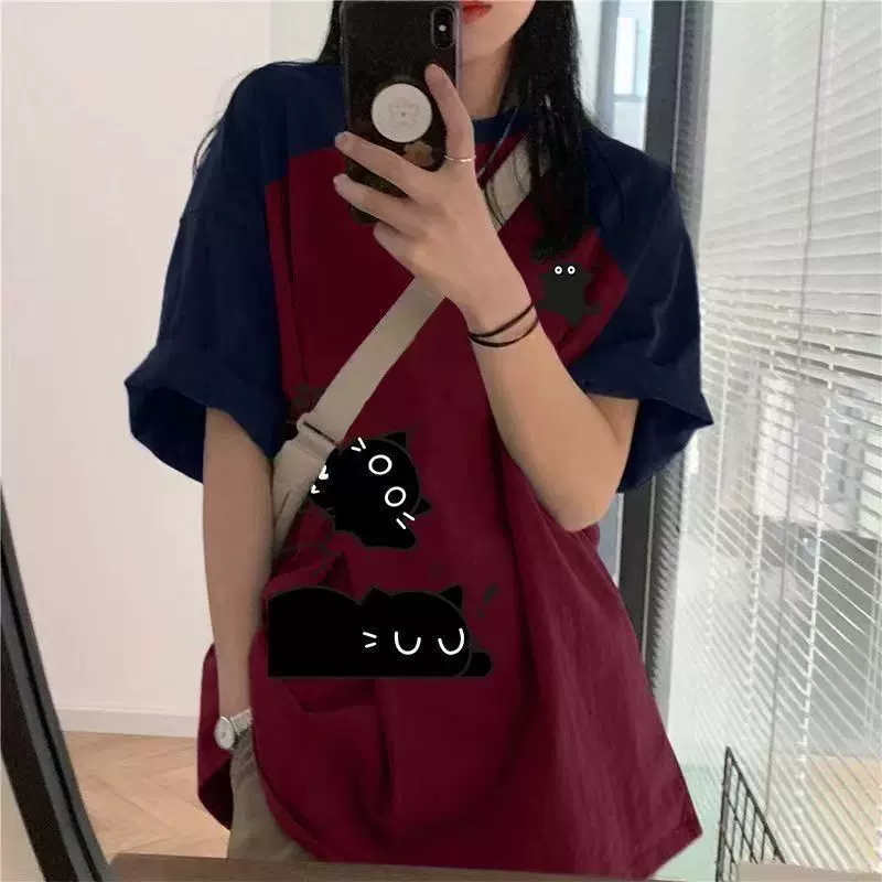 2025美式复古撞色插肩女夏季棉质宽松百搭半袖上衣休闲短袖T恤