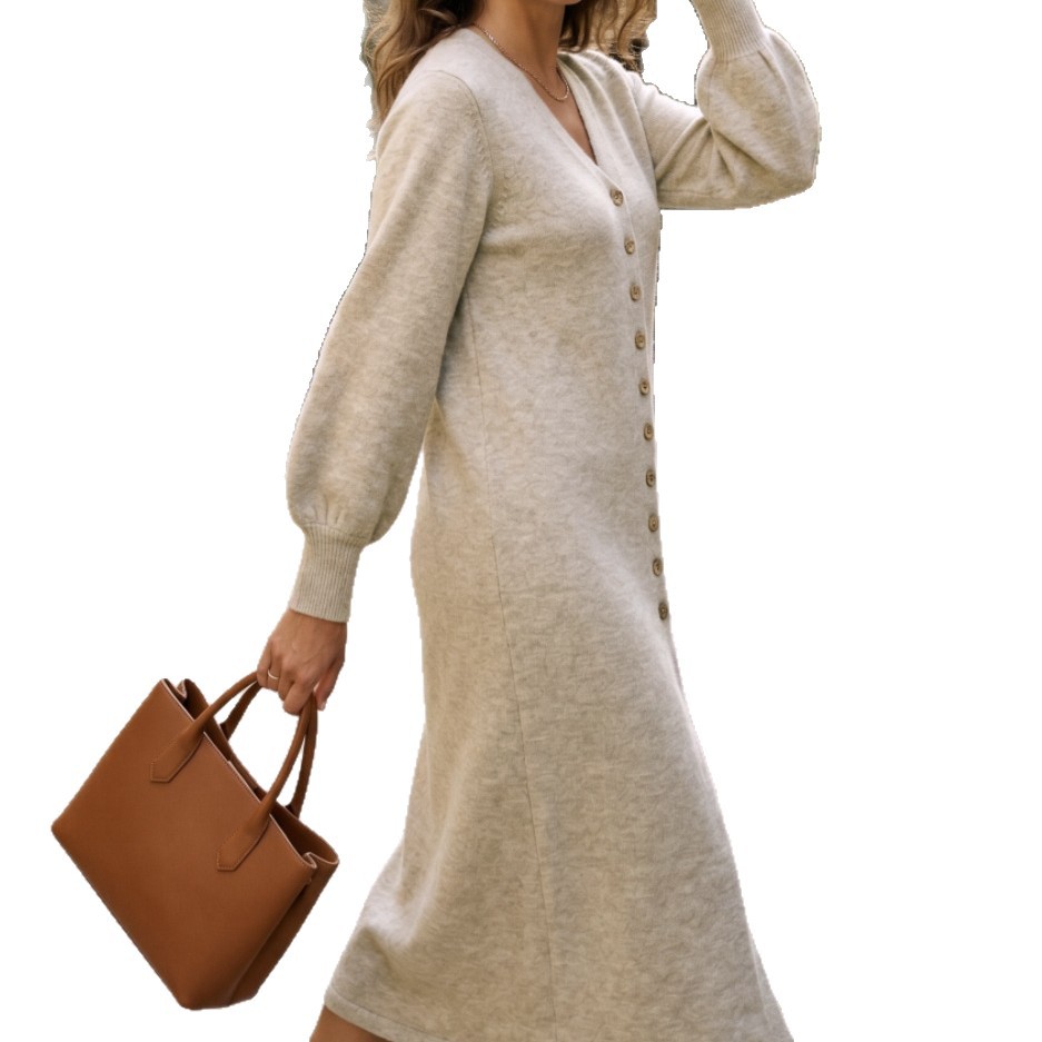 Amazon fashion knitted cardigan dress women's long solid color V-neck slim sweater dress autumn and winter new cross-border
