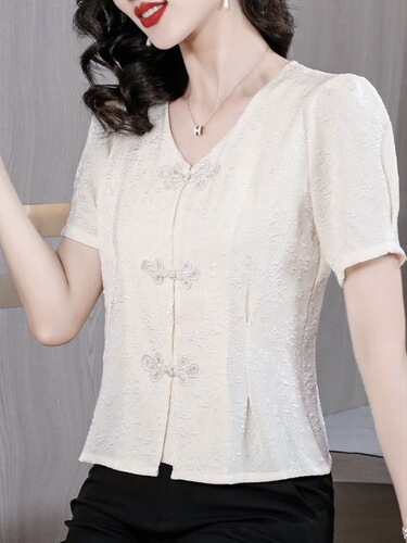 New Chinese-style collar embroidered shirt for women's summer 2025 new style waist waist to show slimming short shirt, national style short-sleeved shirt