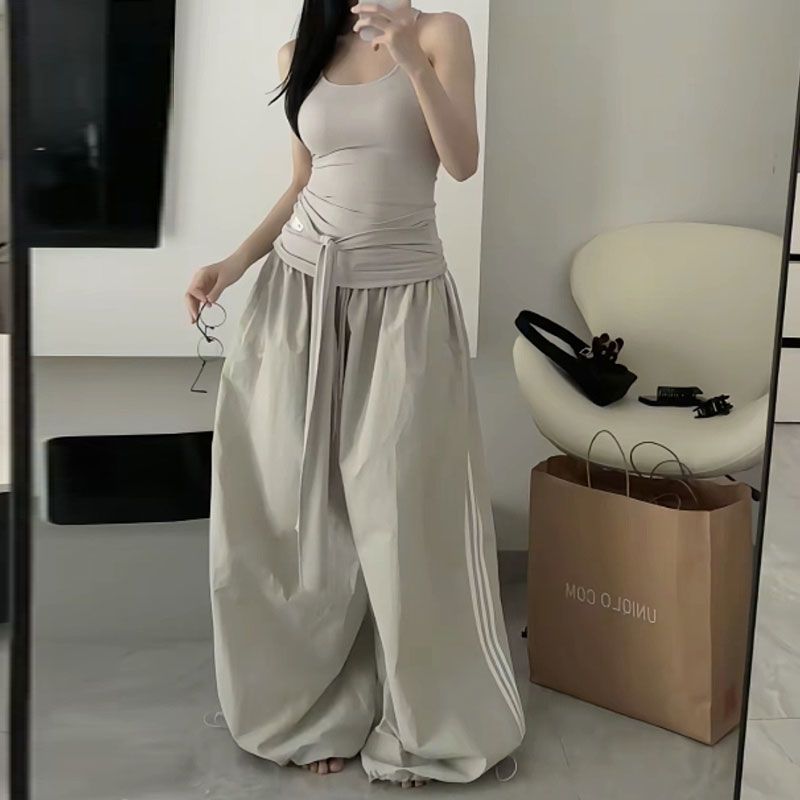 여름 여성을 위한 인터넷 연예인 인기 미국식 편안한 스트라이프 스플라이싱 와이드 레그 루즈 재즈 스트리트 댄스 캐주얼 바지
