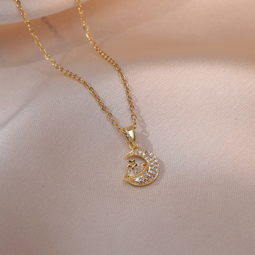Necklace female Internet celebrity sweet star and moon zircon geometric niche light luxury new design pendant temperament titanium steel necklace