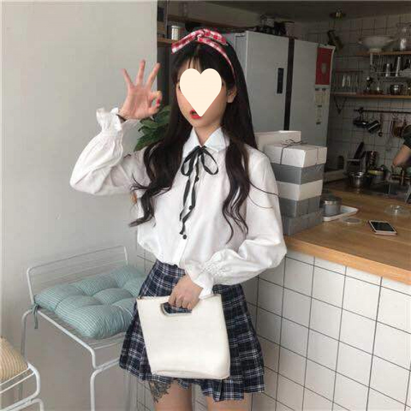 Korean Style Fresh Lace-Up Bow Lantern Sleeve Long-Sleeved Versatile Bottoming Shirt for Female Students Gentle Style Shirt