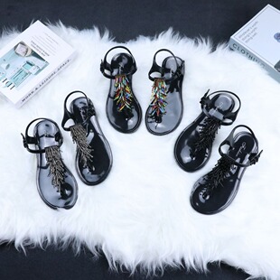Personalized Handmade Embroidered Beaded Ethnic Style T-shaped Strap Clip Solid Color European and American All-match Comfortable Flat Sandals for Women