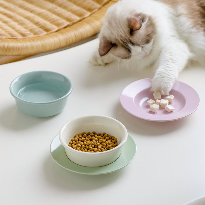Cerámica alta y baja pie anti-voltar tazón para gatos comida para gatos bocadillos congelados enlatados anti-columna cervical platos para mascotas comida para perros doble tazón