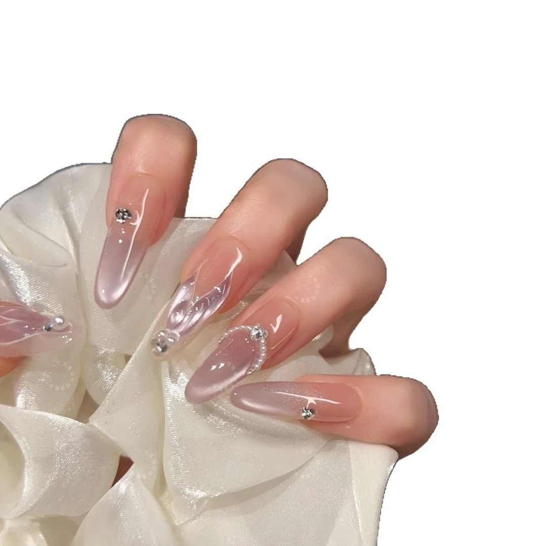 Sophia suave ojo de gato tridimensional, temperamento de cola de pez blanco, uñas de uñas hechas a mano, longitud media, extraíble