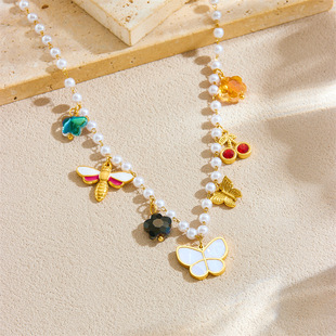 European and American Fashion New Pearl Clavicle Chain Butterfly Insect Multi-Element Pendant Necklace Stainless Steel Gold-Plated Jewelry for Women