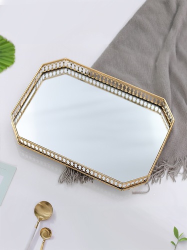 Elegant European-style glass and metal tray for bedroom, living room, coffee table, entryway storage tray, water cup tray, decorative accent