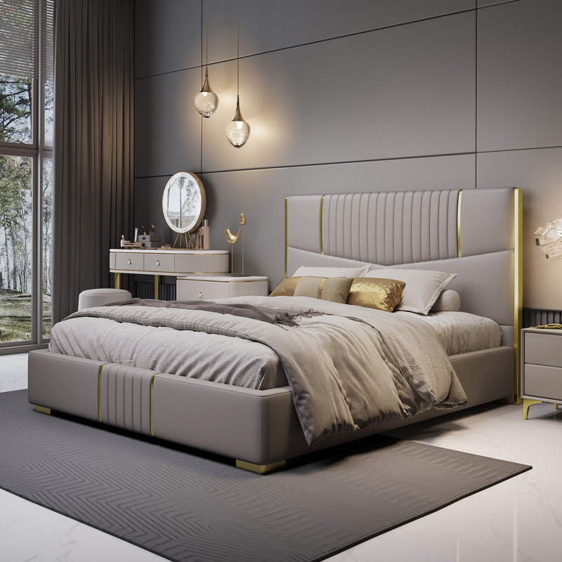 High-End Master Bedroom Light Luxury Leather Bed, High-End Double Bed, Luxurious and Atmospheric Leather Bed, Italian Modern Simple Solid Wood Wedding Bed