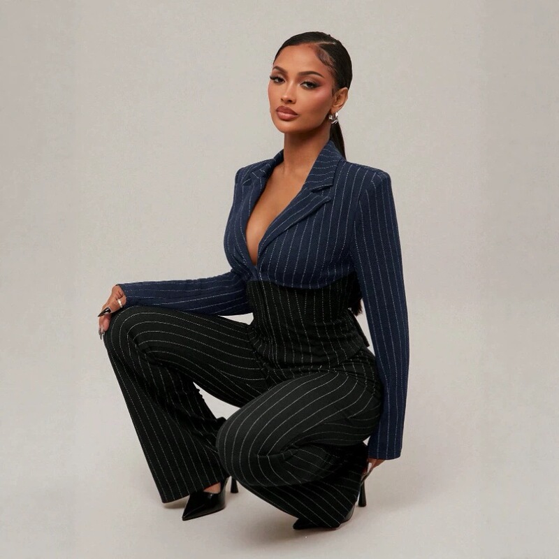 Contrast Color Striped Blazer and Flared Pants Set for Women, Cross-Border Exclusive, Waist-Cinching, Slimming, Elegant Two-Piece Set in Black