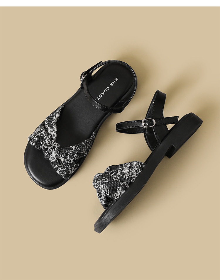 Sandal nữ quai ngang cổ điển họa tiết hoa, đế dày tăng chiều cao — AY373 Đen chi tiết 24