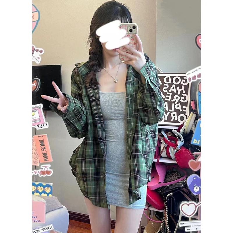 森系橘色格纹衬衫女叠穿年轻ins宽松遮肉显瘦长袖衬衣外搭开衫潮|undefined