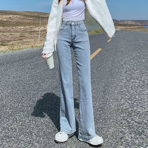 Light-colored mini trumpet jeans for women, slim fit, trendy, high-waisted, flattering for petite figures, tight elastic, floor-length hoof pants