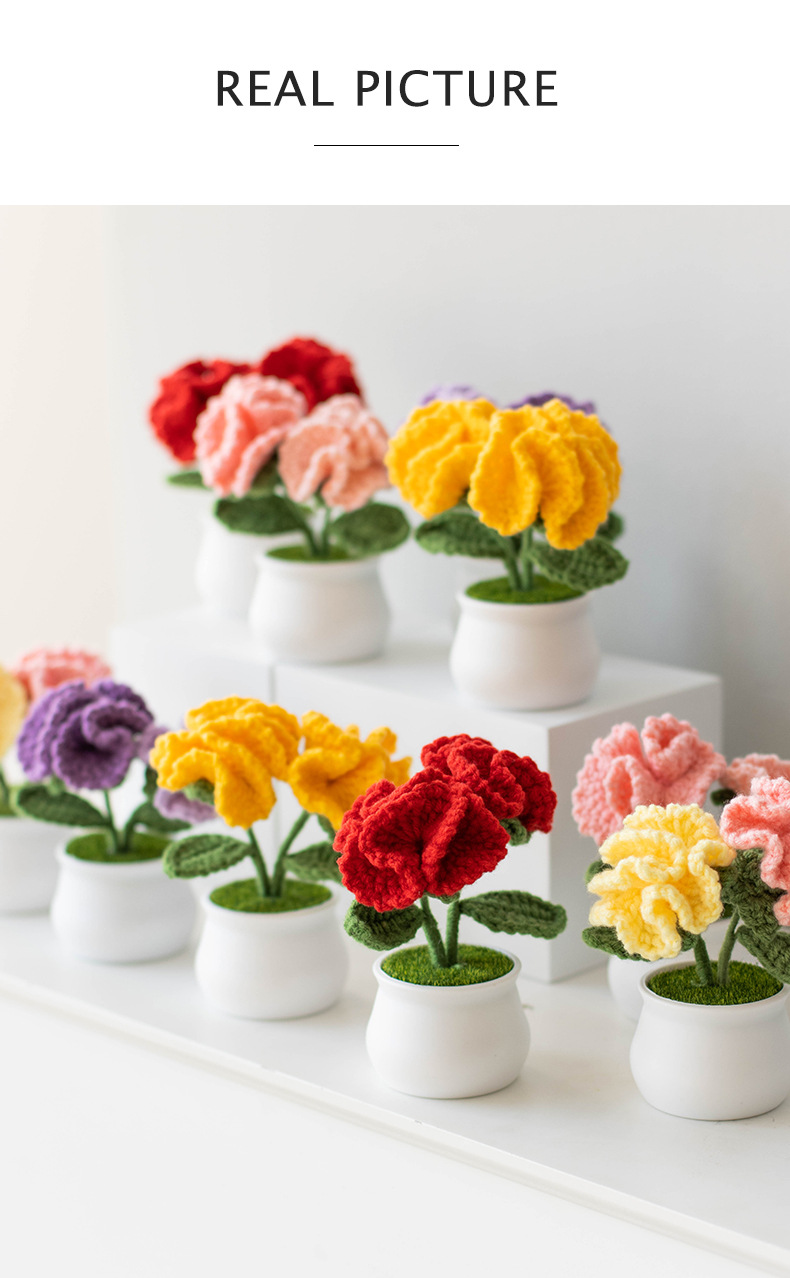 Hand-knitted double-headed carnation potted plants, finished woolen artificial flower ornaments, festival gifts, cross-border bestsellers at stalls pic 10
