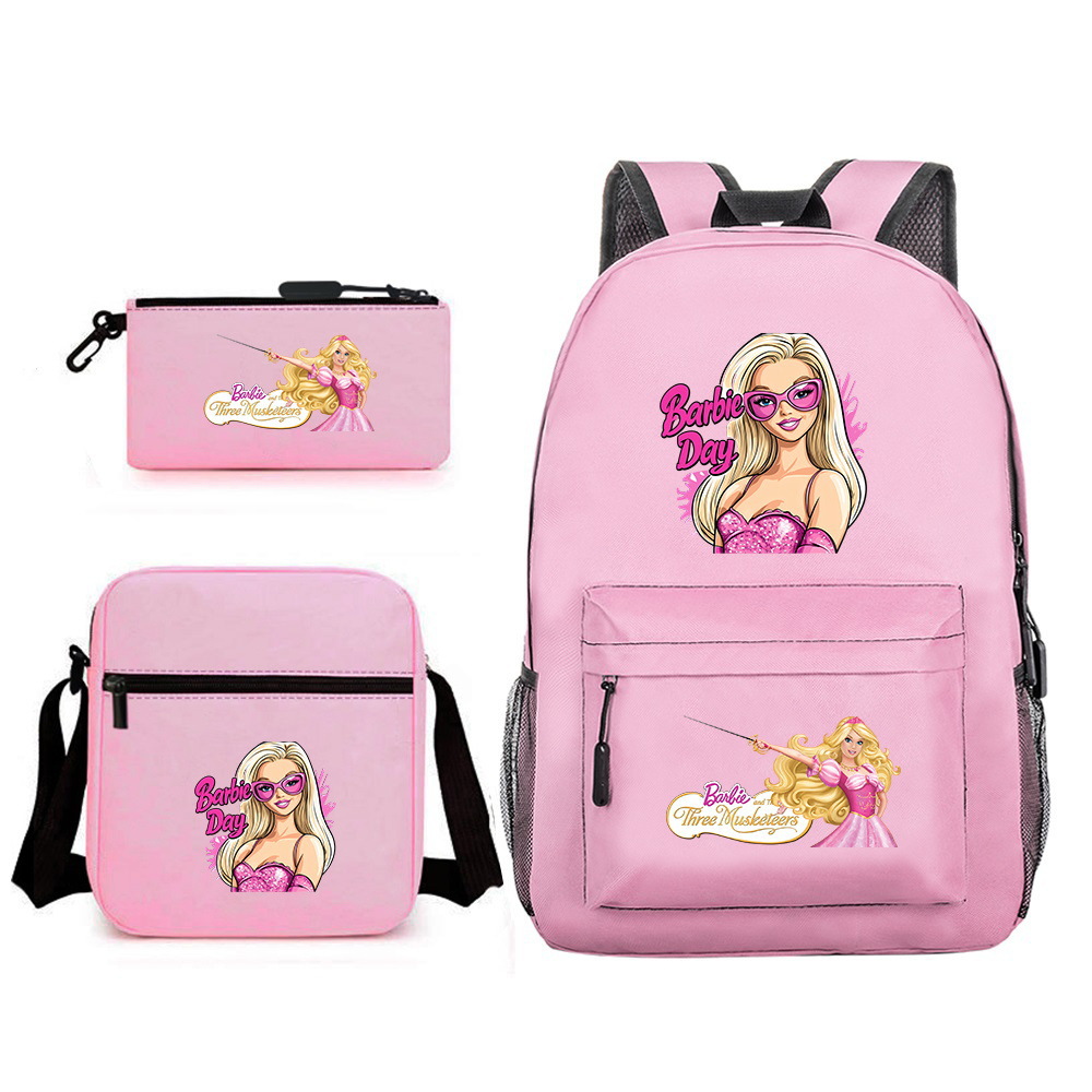 外贸新品可爱芭比公主学生书包时尚简约双肩背包斜挎包笔袋三件套