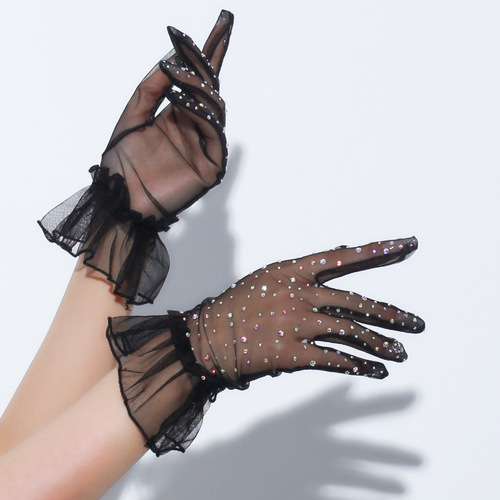 Nighttime Teaching Room Lolita Gloves Black Lace Trimmed with Rhinestones Short French Hepburn Style Dress Short Gloves