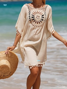 Boho Chic Crochet Tassel Trim Cover up Dress Light Blue Cross-Border