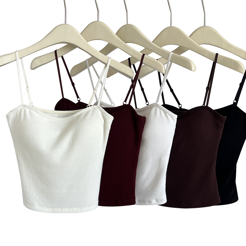 (2개) 가슴 패드 내부 상단과 바닥 셔츠가있는 여성용 가을, 겨울 새 스타일 벨벳 두꺼운 양면 브러시 따뜻한 캐미솔