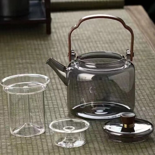 Ash material high borosilicate black walnut handle steaming integrated fourth generation handle kettle smoke gray tea making tea kettle