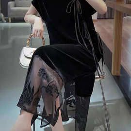 新品感气质中式改良黑色真丝金丝绒连衣裙斜襟系带拼接长款旗袍裙