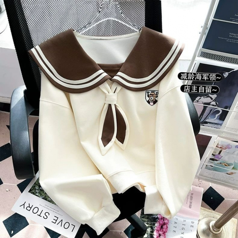2024 가을과 겨울의 새로운 틈새 디자인 센스 인터넷 연예인 CHIC 대비 네이비 칼라 가짜 투피스 루즈 슬림 탑