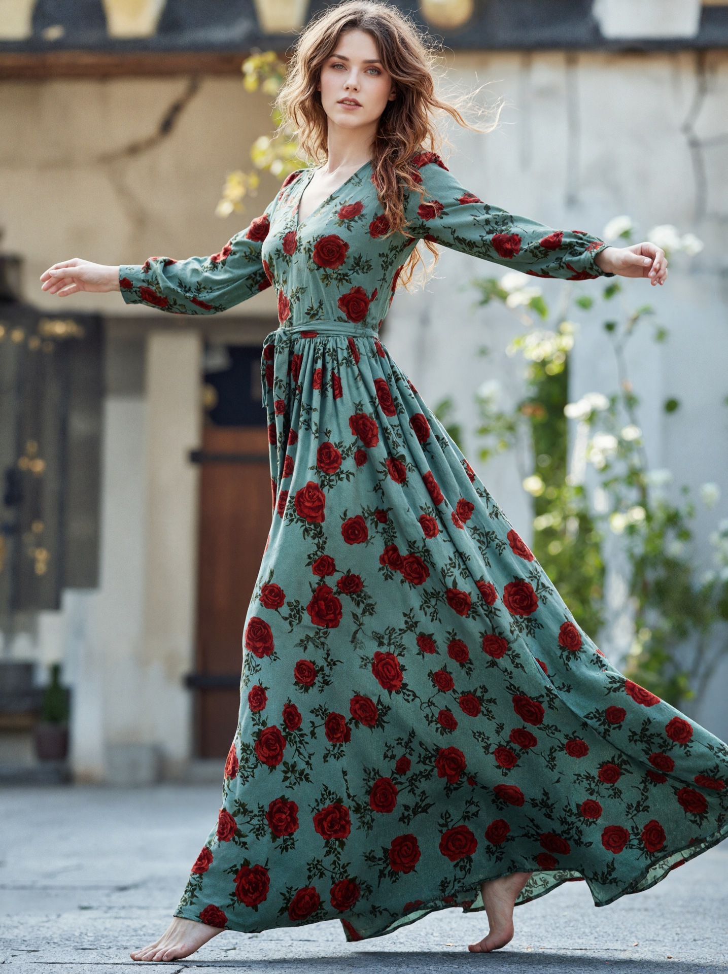 Women's Retro Elegant Slimming Printed Dress V Neck Long Sleeve Charming Fashionable_ecoleips.com