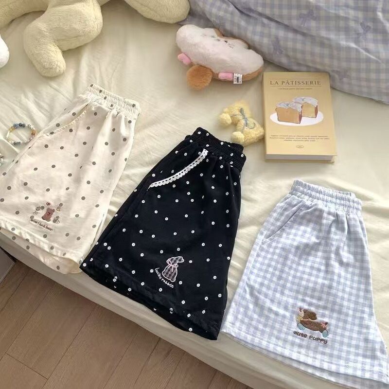 Korean-Style Plaid Puppy Embroidered Shorts for Women, Summer Sweet and Cute Cartoon Home Casual Shorts for Students, Cotton Material