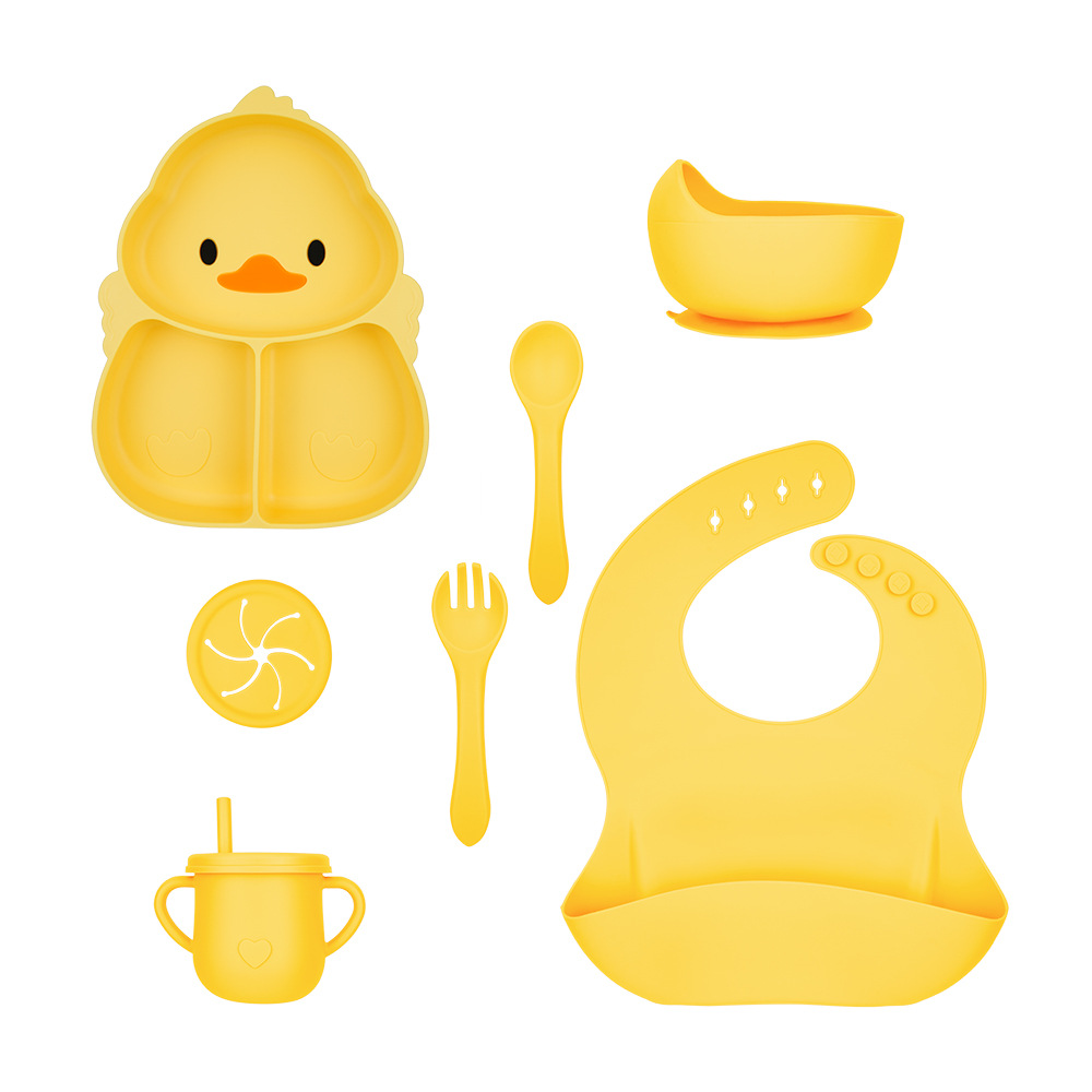 오리 스타일 노란색 디너 접시 + 실리콘 포크 + 스푼 + 그릇 + 쌀 주머니 + 컵 + 뚜껑 2개 8종 세트