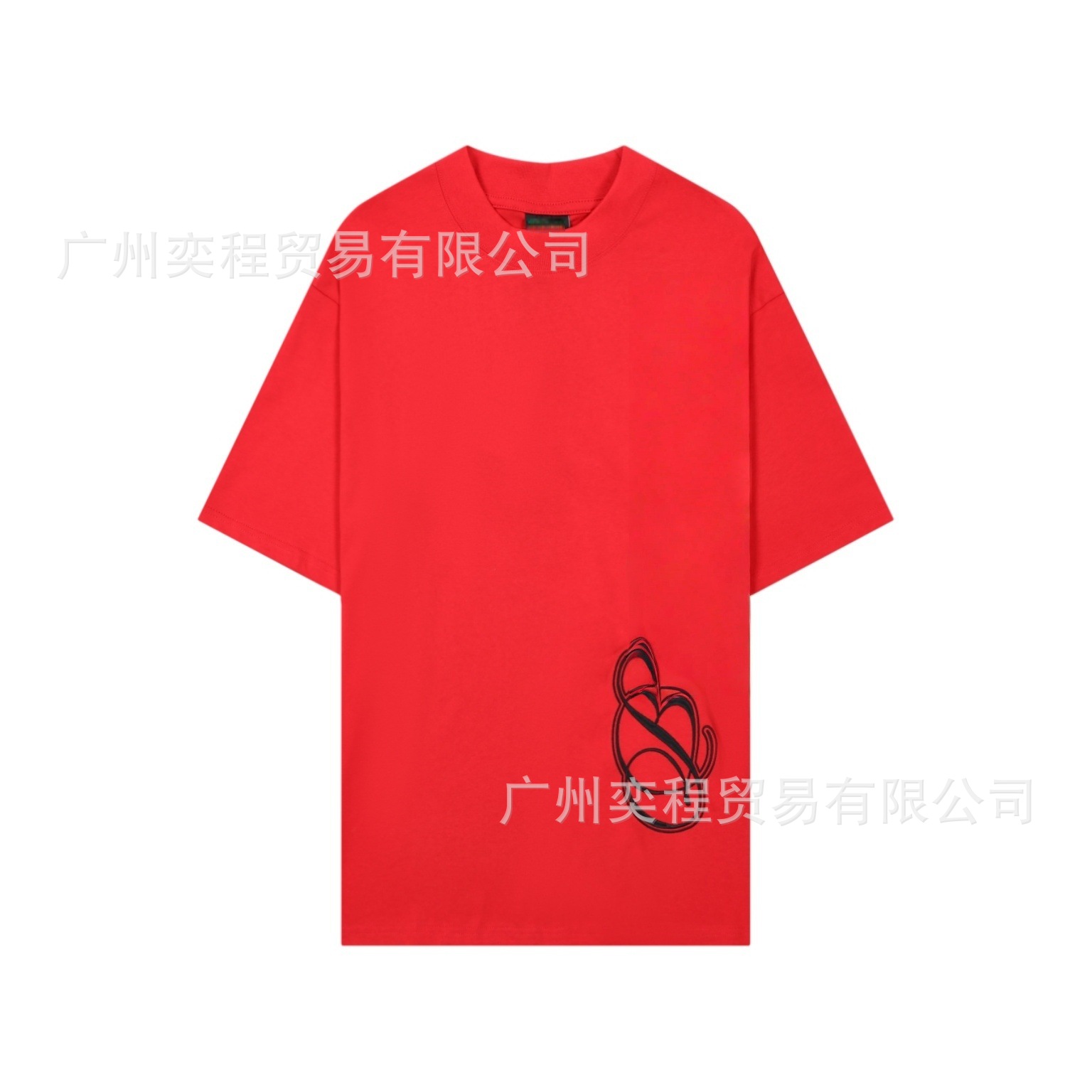 马年限定草写刺绣短T红色