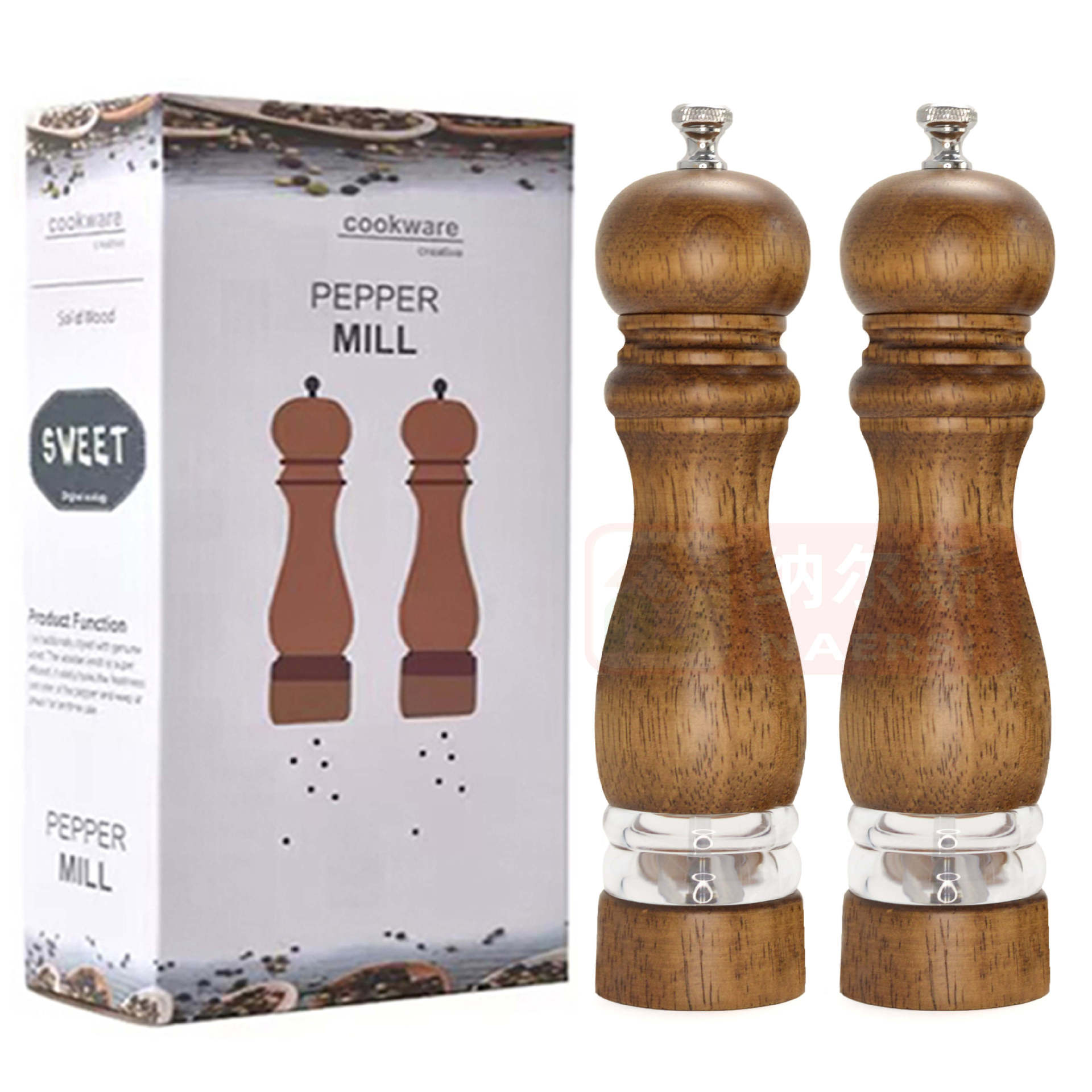  Molinillo manual de pimienta o sal, cuerpo acrílico y núcleo cerámico, diseño clásico de madera, utensilio de cocina