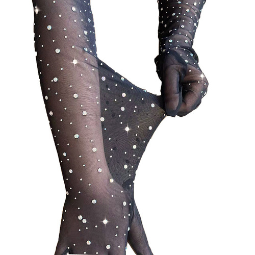 Net mesh water drill full finger extended gloves for women, black thin dress party sexy travel photography arm sleeves performance