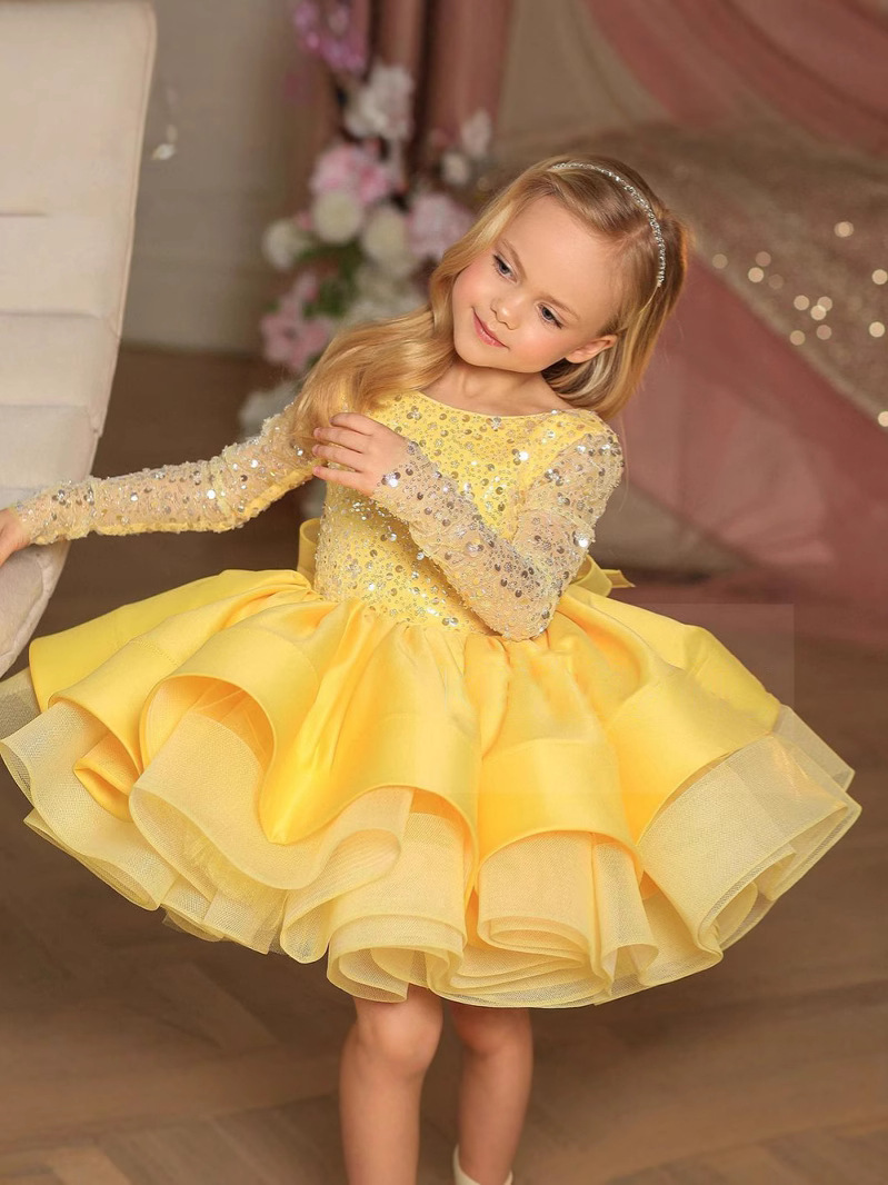 Comercio exterior europeo y americano transfronterizo vestido de novia para niños niñas de manga larga encaje lentejuelas rendimiento anfitrión cumpleaños mullido falda