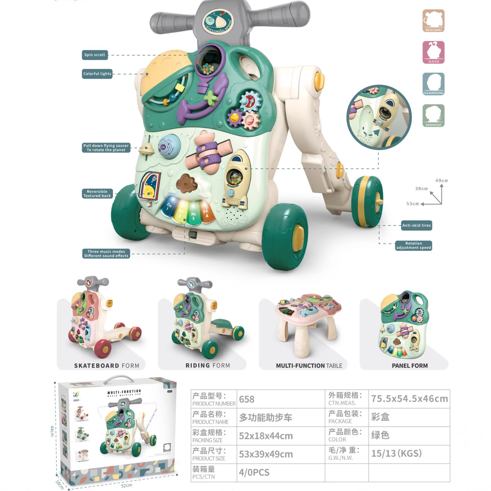 Transfronterizo multifuncional iluminación y música infantiles caminante inteligente educación temprana deslizante juego de juguetes caminante