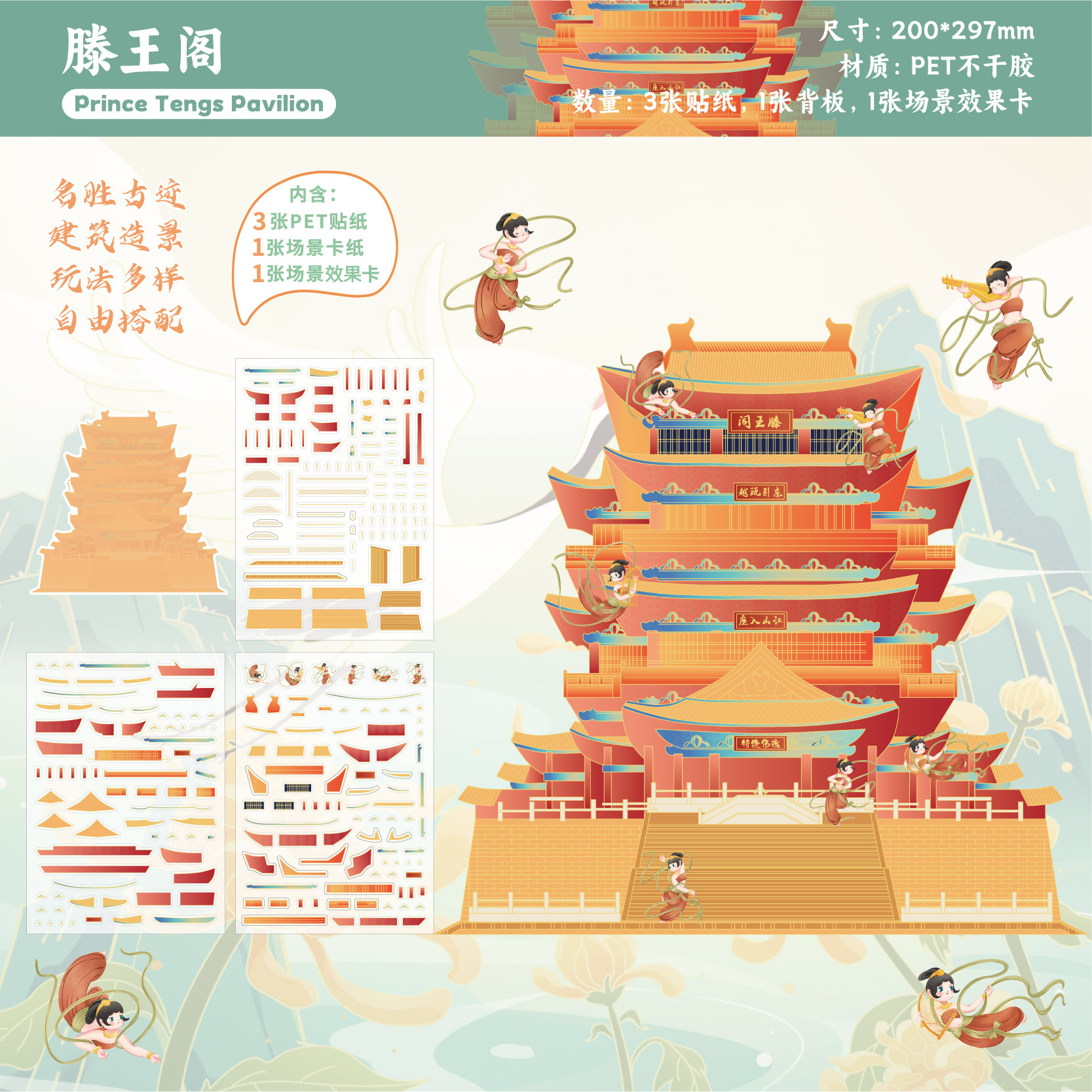 Pegatinas de paisajismo de Retro Story, tema de estilo nacional de arquitecto, pegatinas de película de corte de escena de material arquitectónico famoso