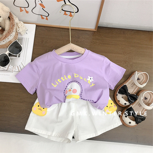 Baby girl cute duck suit T-shirt shorts sports summer style children's style new cartoon two-piece set